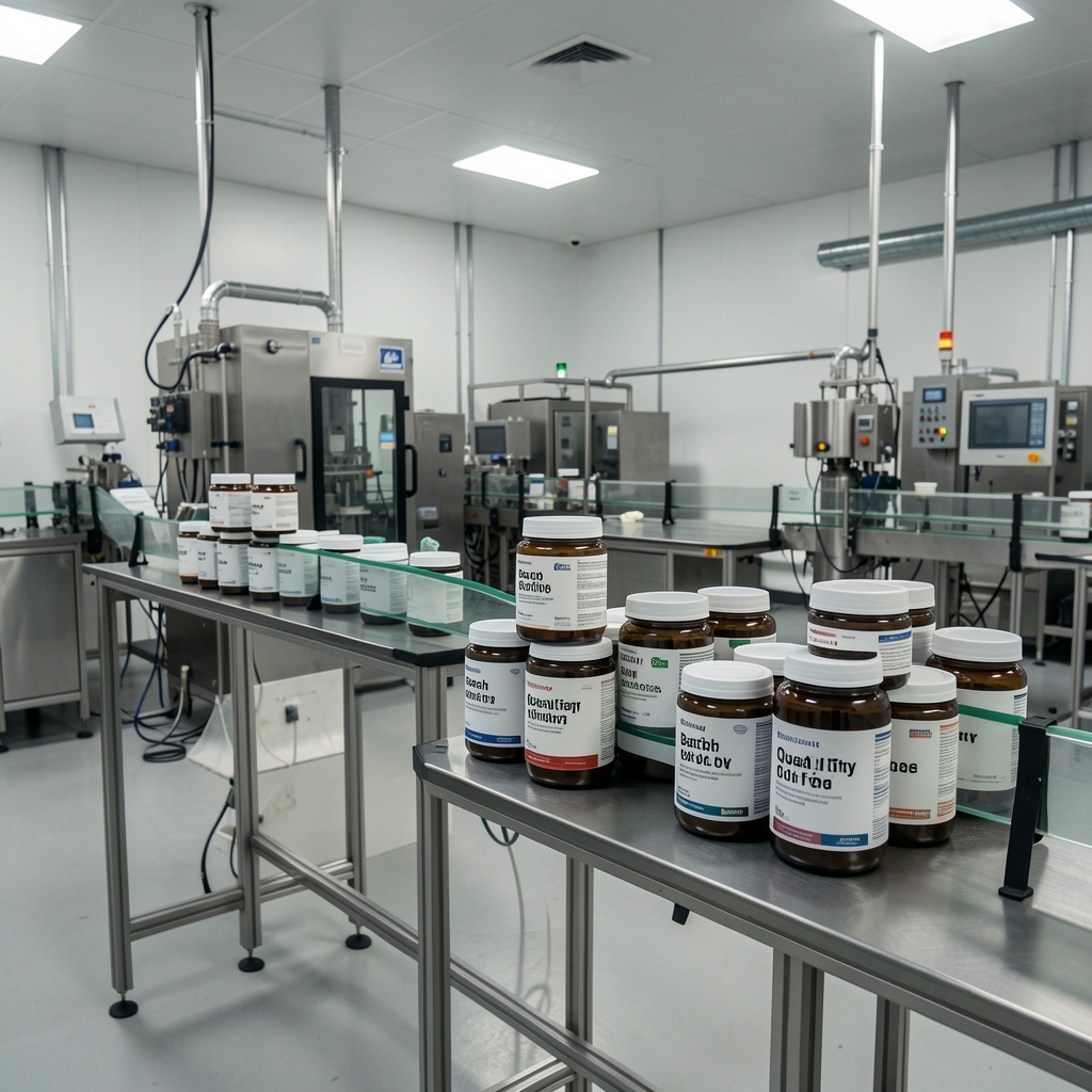 Oranevel Jakarta facility hallway showing a clean production corridor with supplement processing equipment visible through a glass partition, captured under studio lighting