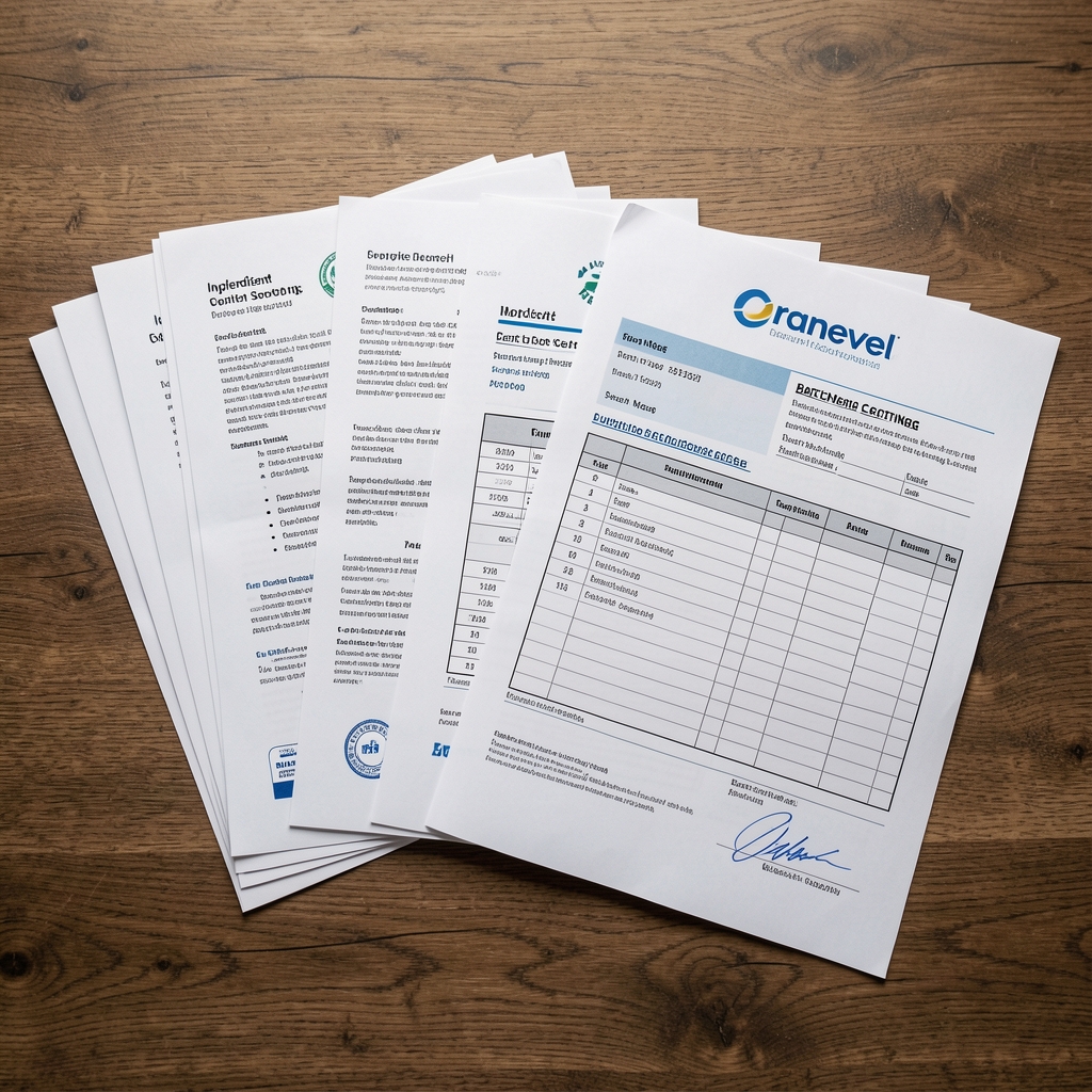 Stack of ingredient sourcing documentation and supplier certificates laid flat on a wooden surface with a Oranevel batch record form visible