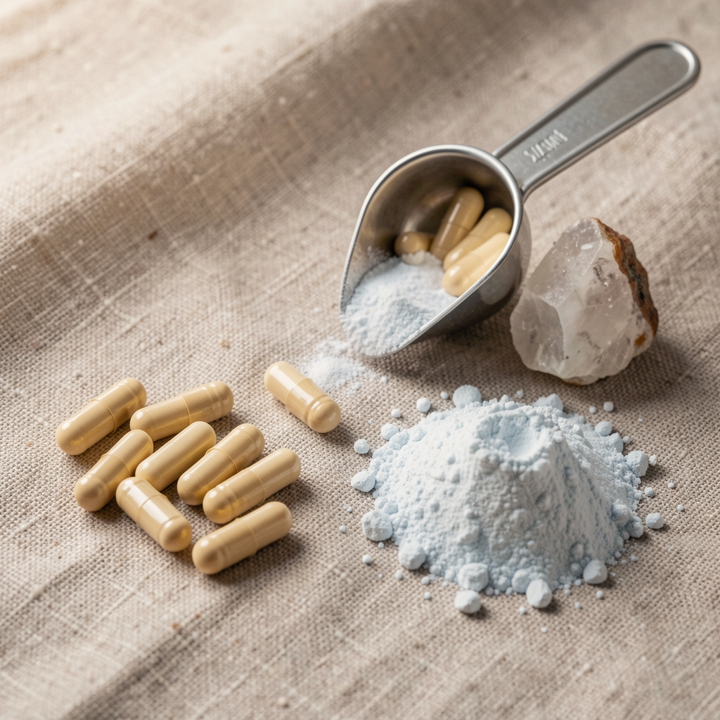 Arranged supplement capsules and a measuring scoop on a linen surface alongside natural mineral ingredients including zinc and magnesium powder