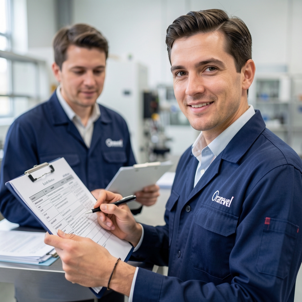 Third-party laboratory verification visit at the Oranevel production room showing an external auditor reviewing lot records with a facility staff member