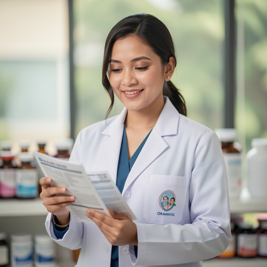 Portrait of the Oranevel nutrition specialist standing in the Jakarta supplement studio, wearing a white lab coat and reviewing ingredient documentation with studio lighting