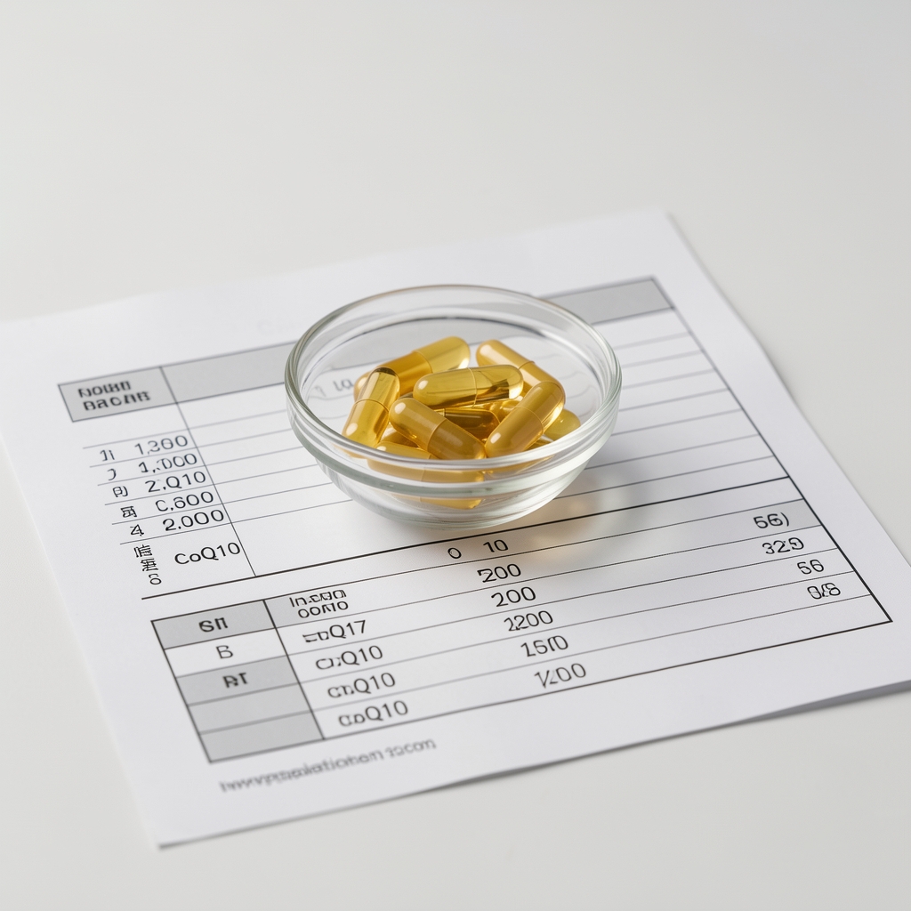 CoQ10 supplement capsules in a small glass dish placed on a printed ingredient ratio table and calibration record sheet under controlled studio lighting