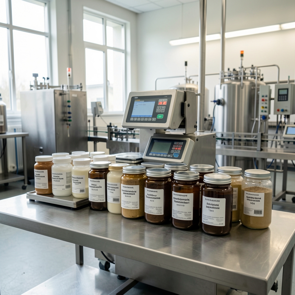 Supplement ingredient weighing station with precision scales and labeled ingredient containers arranged in the Oranevel Jakarta production room