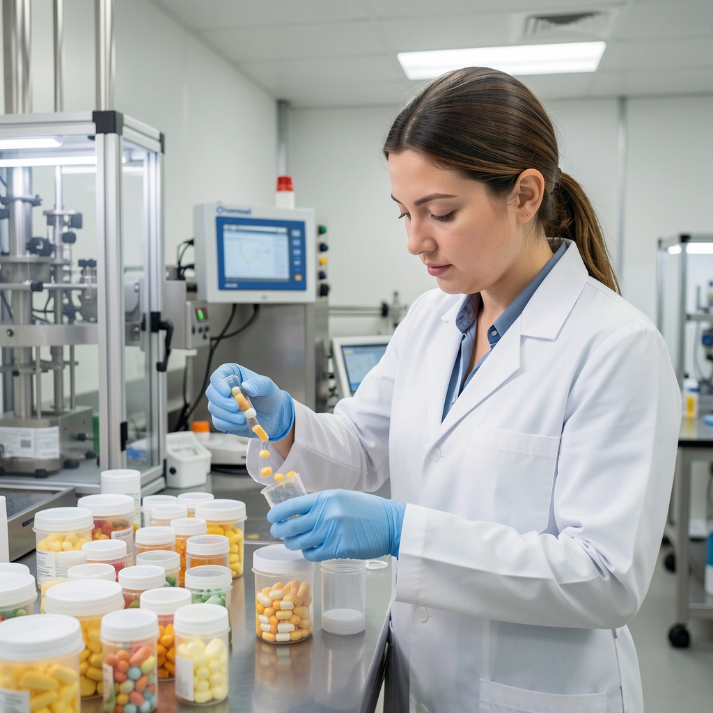 Quality control technician filling supplement capsules from measured ingredient batches at the Oranevel facility under bright controlled studio lighting