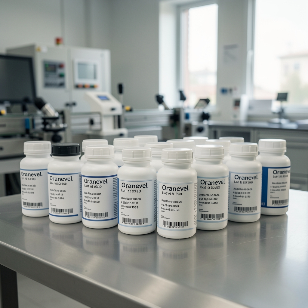 Finished supplement bottles with printed batch codes and lot numbers laid out on an inspection table for final labelling verification at the Oranevel facility